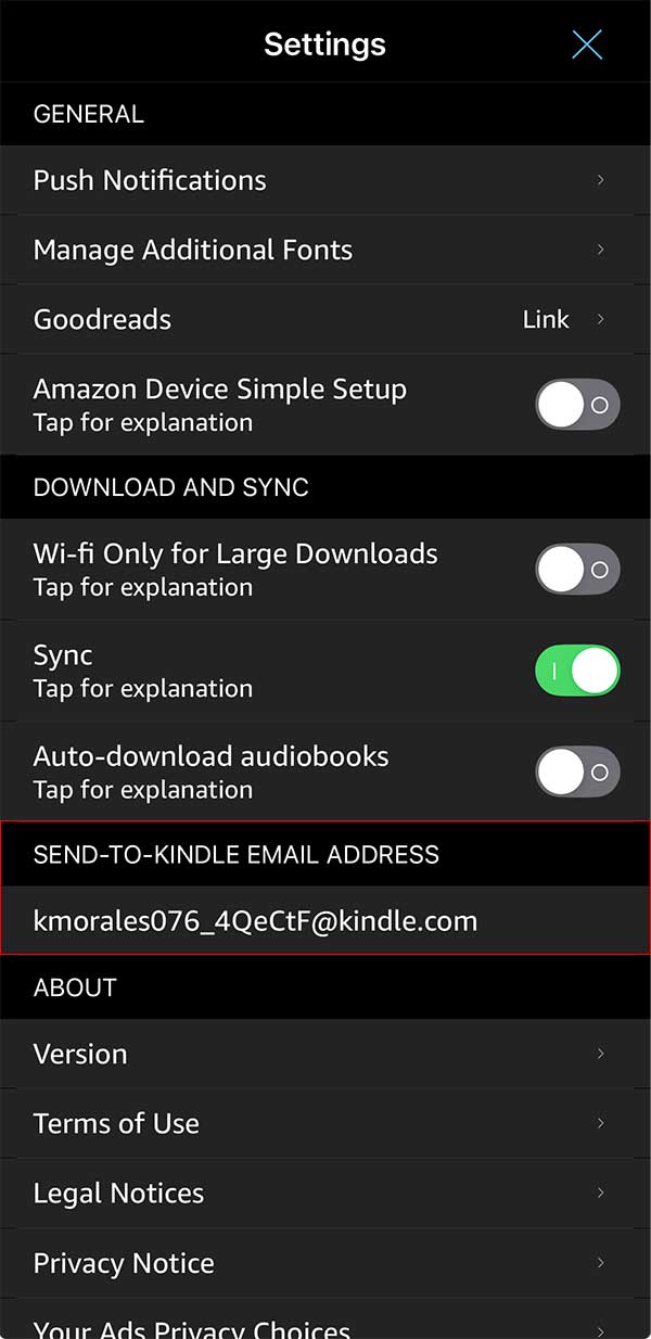 Settings → Send-to-Kindle Email Address