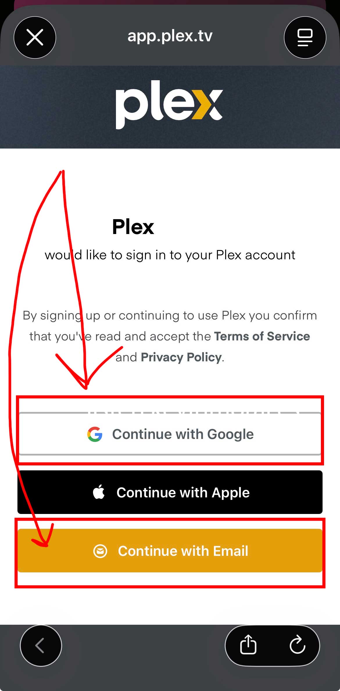 Plex sign-in: Google or Email